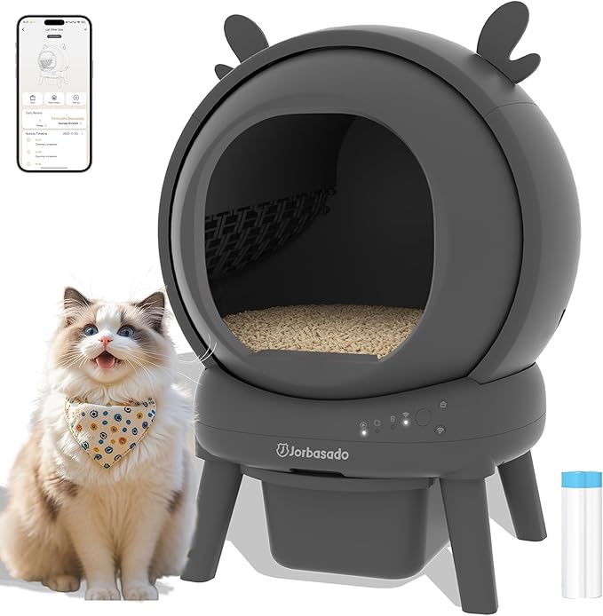 J JORBASADO Self Cleaning Cat Litter Box, 65L Large Capacity Automatic Litter Box Self Cleaning for Multiple Cats with Dual Safety Protection, APP Control & Odor Control, with Deer Antler Decor