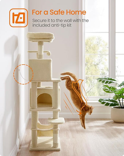 Feandrea Cat Tree, 59.5-Inch Tall Cat Tower, Plush Multi-Level Condo with 5 Scratching Posts, 2 Perches, 2 Caves, Hammock, 2 Pompoms, Beige UPCT192M01