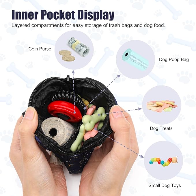 Dog Treat Pouch with Training Clicker,Waterproof Nylon Fabric Poop Bag Holders for Leashes,Hands Free Small Dog Walking Bag with Carabiner, Pet Puppy Training Walking Essentials (Moose)
