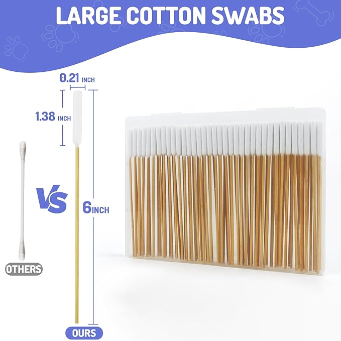 100PCS Professional Dog Ear Swabs in Storage Box, 6 Inch Long Cotton Swabs with Bamboo Handle for Dogs - Soft Cotton, Gentle and Lint-Free, Specially Designed Large Cotton Swabs for Dog Ear