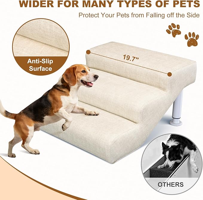 Adjustable Dog Stairs & Ramp for Cats and Dogs, 3-Step Pet Stairs for High Beds and Couch, 11.8"–14.5" Height, Linen Faux Leather, Waterproof, Scratch-Resistant, Non-Slip Indoor Pet Ramp