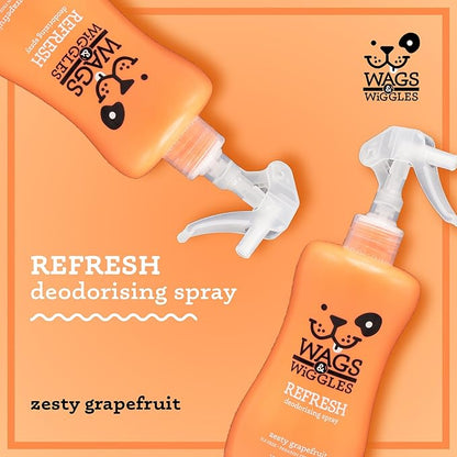 Wags & Wiggles Refresh Dog Deodorizing Spray in Zesty Grapefruit Scent - Long Lasting Dog Grooming Deodorizer Spray - Easy to Use to Combat Smelly Pet Odors, 12 Fl Oz