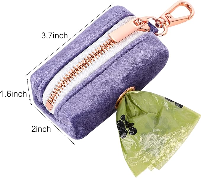 ARING PET Dog Waste Bag Dispenser, Velvet Doggy Poop Bags Holders Attach to Any Leashes, Purple Portable Washable Pet Waste Pouch Dispenser with Metal Zipper