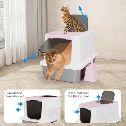 RIZZARI Enclosed Cat Litter Box: Extra Large Pink Litter Pan with Top Exit & Anti-Leak Design - Teflon Non-Stick Coating Stainless Steel Cleaning - Odor-Control in Garage Utility Room
