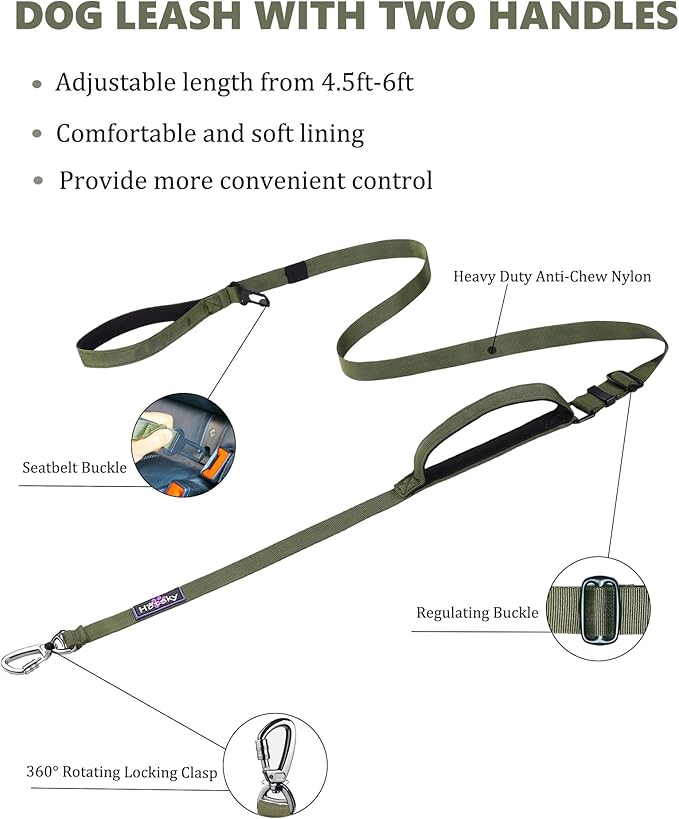 Hotsky Double Handle Dog Leash for Large Medium and Small Breed Dogs that Pull,Adjustable Nylon Heavy Duty Dog Leash with Car Seat Belt for Walking and Training,ArmyGreen,4.5-6 FT