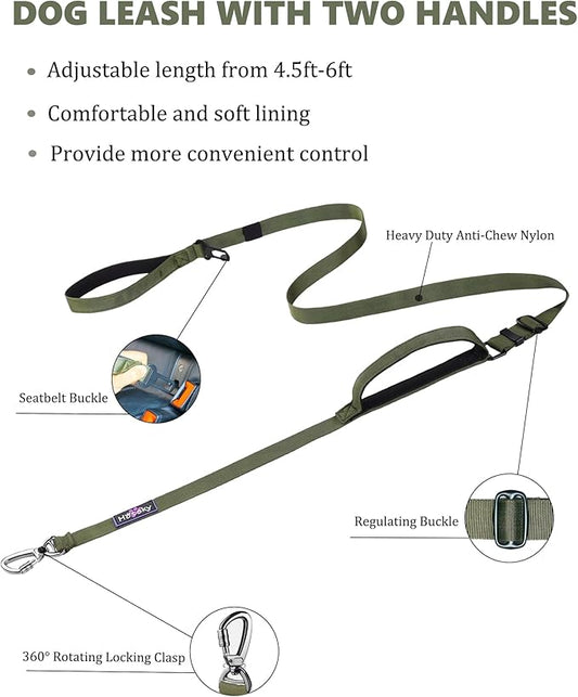 Hotsky Double Handle Dog Leash for Large Medium and Small Breed Dogs that Pull,Adjustable Nylon Heavy Duty Dog Leash with Car Seat Belt for Walking and Training,ArmyGreen,4.5-6 FT