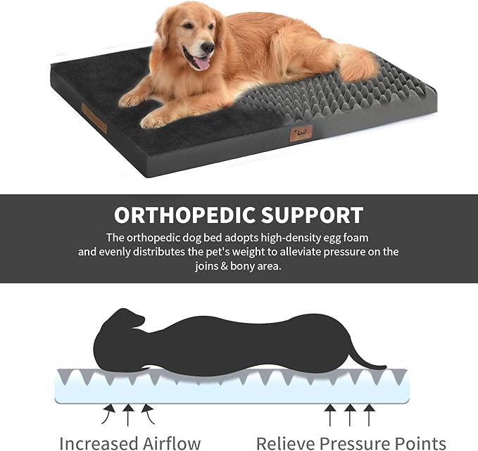 Comfort Dog Bed for Small Dogs & Cats, Waterproof Dog Crate Mat Orthopedic Egg Crate Foam with Washable Removable Cover, Black