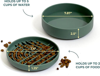 Slow-Feeder & Water Bowl Set by The Dog Tale | Food-Grade Silicone Dog Bowls, BPA-Free, Dishwasher Safe, Freezer Safe (Forest)