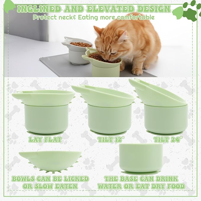 2 Pack Gray, Green Slow Feeder for Cat Bowls, Silicone Tilted Raised Pet Bowl with Non Slip Base for Digestion Anti Vomit