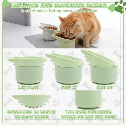 2 Pack Gray, Green Slow Feeder for Cat Bowls, Silicone Tilted Raised Pet Bowl with Non Slip Base for Digestion Anti Vomit