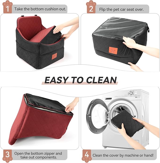 GL GLENSLAVE Dog Car Seat for Small/Medium Dogs, Dog Booster Car Seats with Thick Cushion for Dogs Under 35lbs, Detachable Washable Pet Carseat with Storage Pockets, 2 Safety Belts(Black/Red)