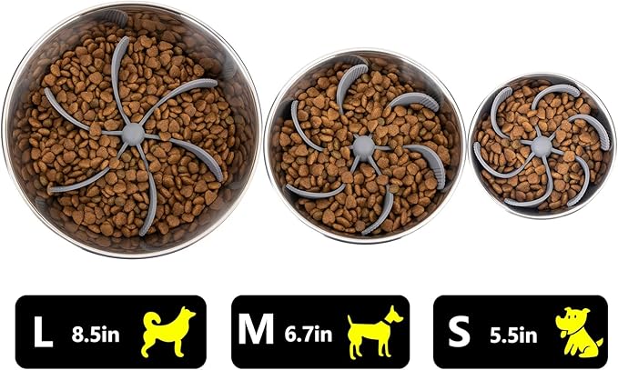 Slow Feeder Dog Bowls Insert [Octopus Suction Cups] Super Firm Slow Eating Dog Bowl [Cuttable] for Large Breed and Medium Size Dog Compatible with Regular and Elevated Dog Bowls (Spiral)