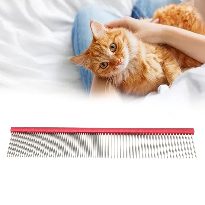 Dog Comb, 2-in-1 Stainless Steel Rounded Ends Dog Grooming Comb Pet Comb with Two Different Densities of Steel Teeth for Grooming Matting, Red