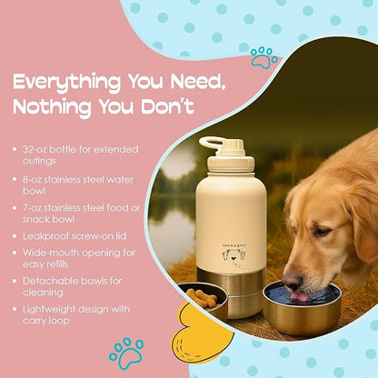 Love Wag & Play Dog Water Bottle with Food Bowls, Portable Stainless Steel Bottle for Dogs, Leakproof Travel Design with Detachable Bowls for Walks, Hikes and Outdoor Adventures (32 oz)