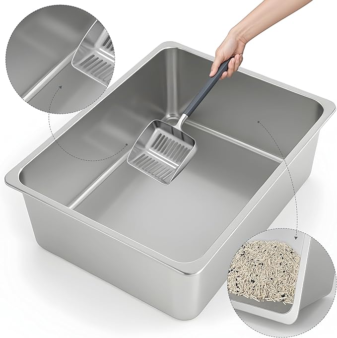 Kirecoo Stainless Steel Cat Litter Box XL- Metal High Sided Cat Pan, Large Stainless Steel Box, Indoor Litter Tray, Non Stick, No Smell, Easy to Clean, Pet Toilet Supplies for Kitten, Kitty, Rabbit