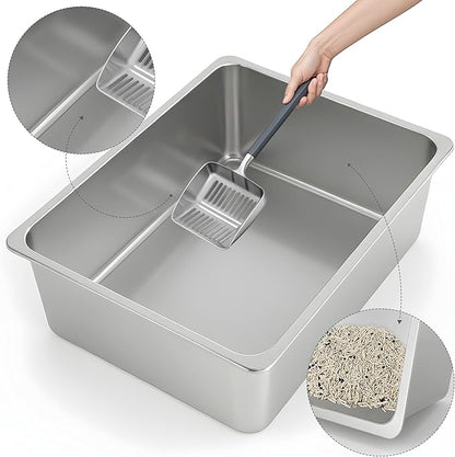 Kirecoo Stainless Steel Cat Litter Box XL- Metal High Sided Cat Pan, Large Stainless Steel Box, Indoor Litter Tray, Non Stick, No Smell, Easy to Clean, Pet Toilet Supplies for Kitten, Kitty, Rabbit