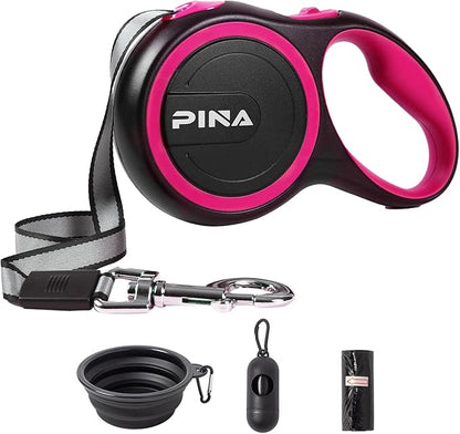 PINA Retractable Dog Leash, 26ft Dog Leash for Small Medium Large Dogs Up to 110lbs, 360° Tangle-Free Strong Reflective Nylon Tape, with Anti-Slip Handle, One-Handed Brake, Lock - Black Pink