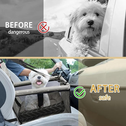 PetsHome Dog Car Seat Foldable Dog Car Booster Seat Waterproof Breathable Oxford Travel Bag for Small to Medium Dogs, Puppies, and Pets-Pattern Grey+Mat