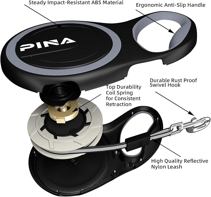 PINA Retractable Dog Leash, 16ft Dog Leash for Small Medium Dogs Up to 44lbs, 360° Tangle-Free Strong Reflective Nylon Tape, with Anti-Slip Handle, One-Handed Brake, Lock - Black Gray