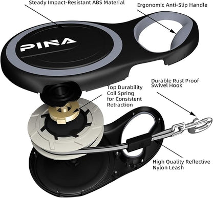 PINA Retractable Dog Leash, 16ft Dog Leash for Small Medium Dogs Up to 44lbs, 360° Tangle-Free Strong Reflective Nylon Tape, with Anti-Slip Handle, One-Handed Brake, Lock - Black Gray