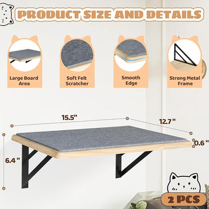 Burlywood Cat Furniture Indoor Set of 2: Wood Shelves with Scratching Pad, Climbing Shelf for Sleeping & Playing, Window Perch for Big Cats