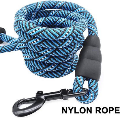 MayPaw Heavy Duty Rope Dog Leash, 3/4/5/6/7/8/10/12/15 FT Nylon Pet Leash, Soft Padded Handle Thick Lead Leashes for Large Medium Dogs (Blue Black, 1/2" * 10')