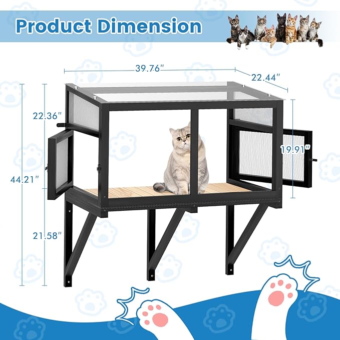 Cat Window Box Catio Outdoor Cat Enclosure Perch with Bug Proof Wire Mesh Window Catio Side Door for Cats Sunbathing, Napping, Overlooking