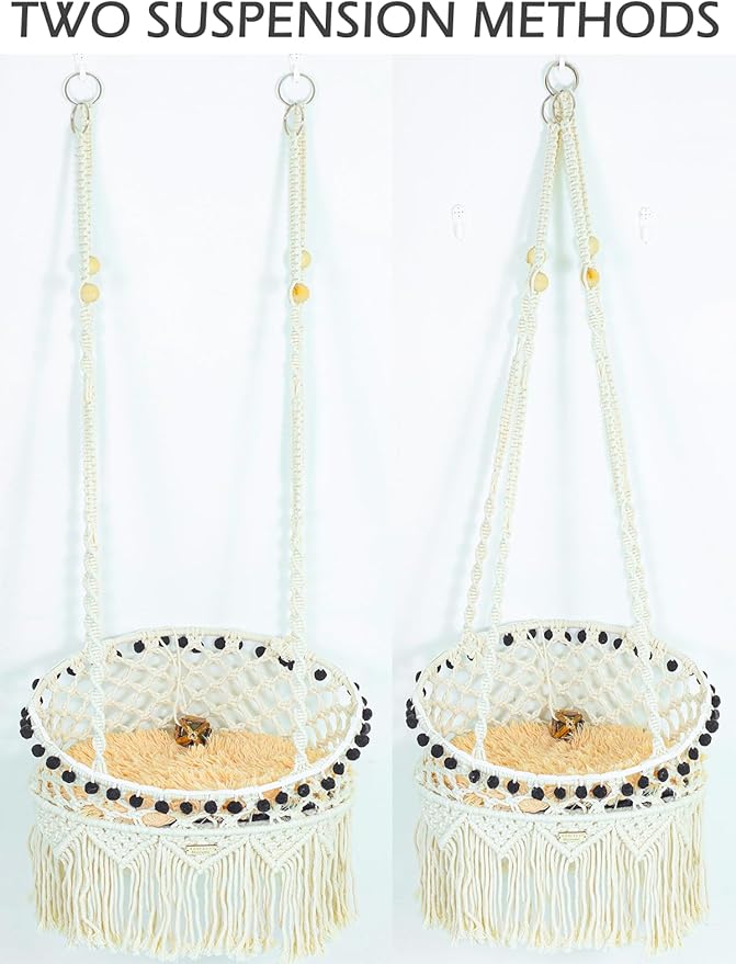 KARCEEY Macrame Cat Hammock - Hanging Cat Bed for Wall & Window - Boho Swing with Full Hardware Kit & Nip Toy - Stable Heavy Duty Design for Large & Senior Felines up to 60lbs