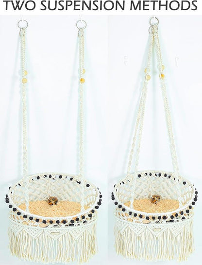 KARCEEY Macrame Cat Hammock - Hanging Cat Bed for Wall & Window - Boho Swing with Full Hardware Kit & Nip Toy - Stable Heavy Duty Design for Large & Senior Felines up to 60lbs