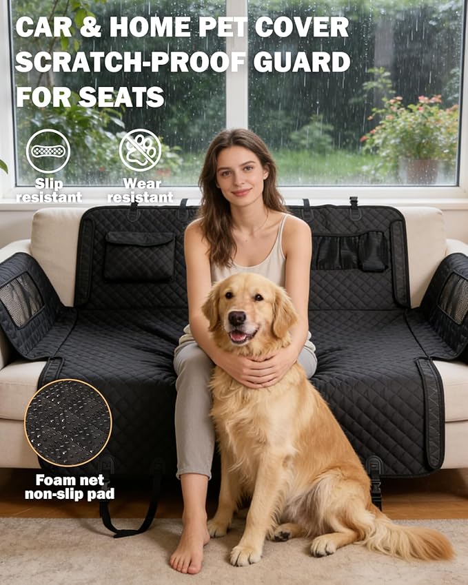 Dog Seat Cover for Back Seat- Heavy Duty Soft Bottom Car Hammock for Dog, with a Heightened Design Both Side,Fits Cars,Suv, and Mid-Size Trucks, Waterproof and Machine Washable,Black&Large Size.