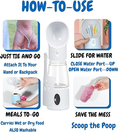 All-in-One Portable Dog Water Bottle, Food Dispenser, Poop Bag Dispenser, Dry/Wet Food Container 7 oz., Travel Water Bottle 9oz., 2 Poop Bags Included, Food Grade Plastic, Leak Proof-Grey Color