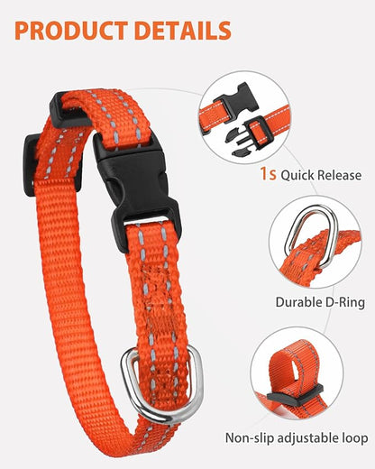 Joytale Puppy Collar, Feather-Light Double-Sided Reflective Nylon Collar for Night Safety, Adjustable Quick-Release for Extra Small Dogs, Orange, XS (3/8" Width)