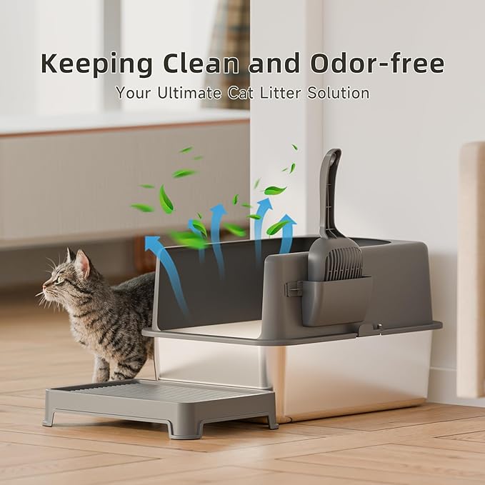 High-Sided Stainless Steel Cat Litter Box,Stainless Steel Litter Box with Lid,Extra Large Cat Toilet,Easy-to-Clean Metal Litter Pan for Cats (20''L X 14''W X 12''H with Scoop&mat)