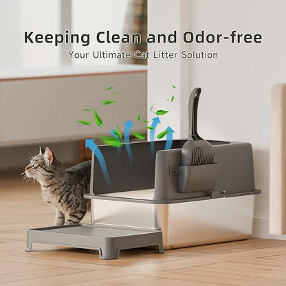 High-Sided Stainless Steel Cat Litter Box,Stainless Steel Litter Box with Lid,Extra Large Cat Toilet,Easy-to-Clean Metal Litter Pan for Cats (20''L X 14''W X 12''H with Scoop&mat)