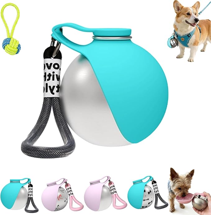 Foldable Pet Water Bottle for Travel, 2 in 1 Portable Dog Water Bottle, 304 Stainless Steel Compact Dog Drinking Bottles Leak Proof & Silicone Bowl for Walking Hiking (Blue)