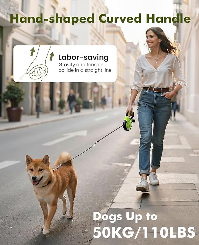 Pecute 16ft Retractable Dog Leash with 18'' Chew Proof Steel Cable for Power Chewers & Pullers, Heavy Duty Locking for Medium/Large Dogs 33lbs-110lbs, Anti-Tangle & Poop Bag Holder Included(Green)