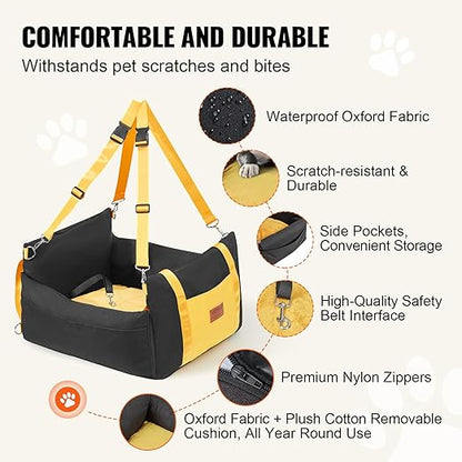 VEVOR Dog Car Seat, Waterproof Dog Booster Seat for Car with Side Handles and a Storage Pocket, Clip-On Safety Leash and PP Cotton Filling, Vehicle Bed for Small Dogs up to 25lbs, Black