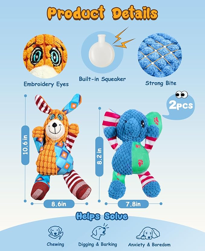 Swooflia 2 Pack Squeaky Dog Toy - Elephant Crinkle Plush Toys for Puppies, Treat Boredom for Small Dogs, Interactive Stimulating Puppy Toy to Keep Them Busy