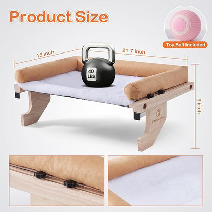 Solid Wood Cat Window Perch for Large Breeds – 40lbs Heavy Duty Cat Window Hammock, Comfortable Orthopedic Feline Bed with Easy Screw-in Assembly, Modern Pet Furniture, Bonus Toy Included