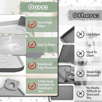 Silicone Dog Food Mat With Residue Collection Pocket - Waterproof Pet Feeding Mat for Cats and Dogs, Raised Edges, Hooks, Placemats for Water Bowl