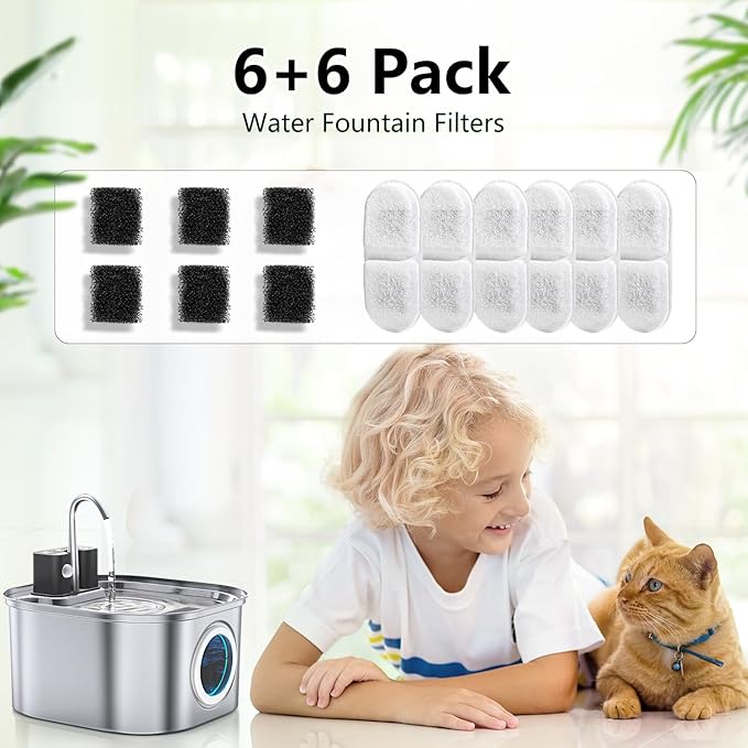 Cat Water Fountain Filter Replacement,12 Pcs(6 Carbon+ 6 Sponge) for Pets Automatic Water Dispenser for Dogs, Compatible with 2.2L/3L/3.2L/3.5L Stainless Steel Cat Fountains
