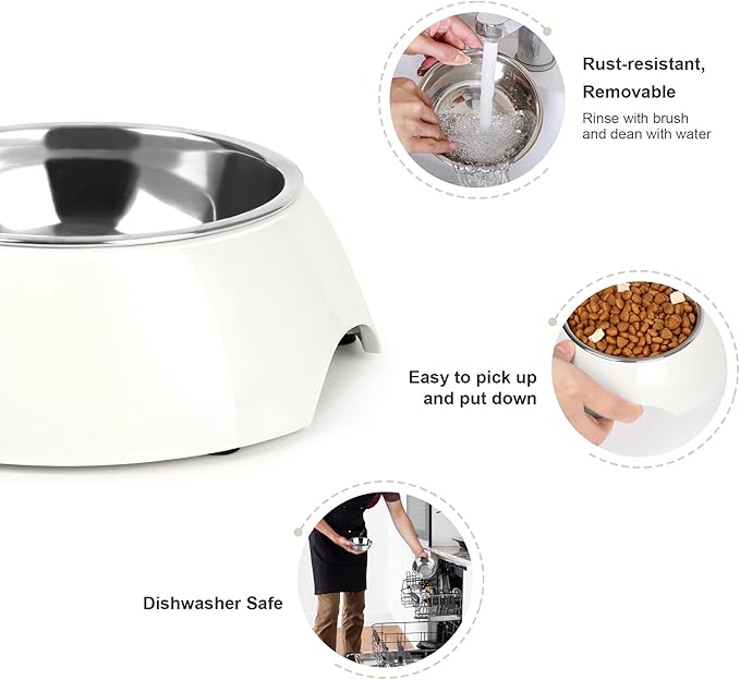 Double Dog Bowls Set – Non-Slip Pet Food & Water Dishes with Resin Stand, Includes Small (1 Cup) & Medium (2 Cups) Bowls – Ideal for Puppies and Cats – White