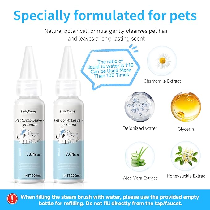 Pet Steam Brush Spray Refill for Dogs & Cats – Concentrated Waterless Shampoo, 3-in-1 Pet Comb Leave-in Serum, Self Cleaning Pet Comb for Shedding & Hair Removal, 2*Shampoo(Steam Brush Not Included)