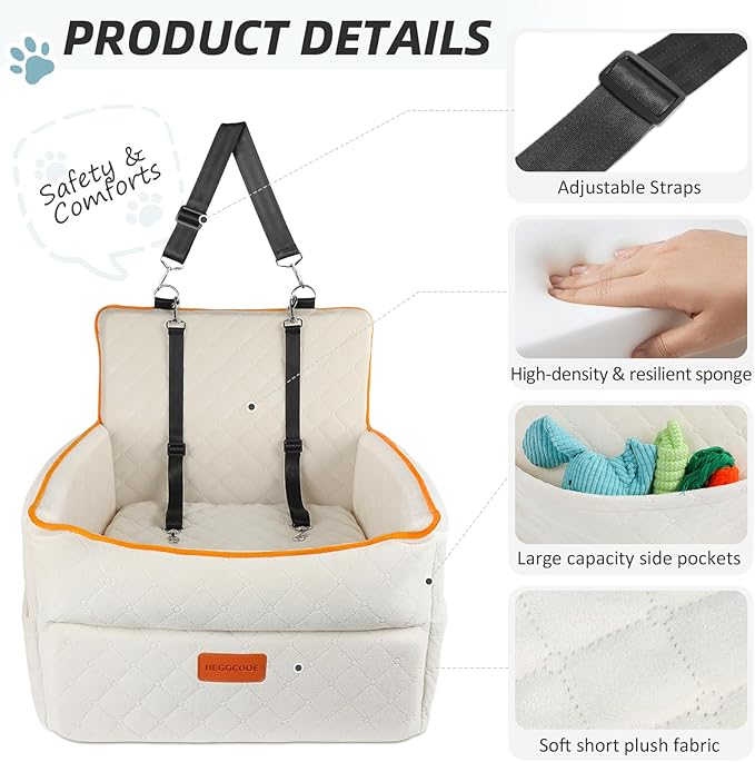 HEGGCOOE Dog Car Seat for Small Medium Dogs, Memory Foam Dog Booster Seats with Thick Cushion for Dogs Under 35lbs, Detachable Washable Pet Car Seat Travel Bed with Storage Pockets,2 Safety Belt