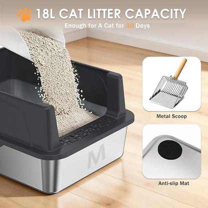 Stainless Steel Litter Box with Lid: Metal Cat Litter Box for Small Cats with Scoop, High Sided Kitty Litter Pan Tray, 17.4'' x 13.5'' x 8.5'', Non-Stick, Anti-Leakage, Easy Cleaning (Black)