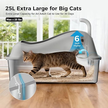 GTPLAYER Stainless Steel Cat Litter Box XL - Extra Large High-Sided Open-Top Metal Litter Box for Large & Multi-Cat Homes, Splash Guard, Low Entry, Easy Clean 304 Steel with Step, Mat & Scoop, Grey