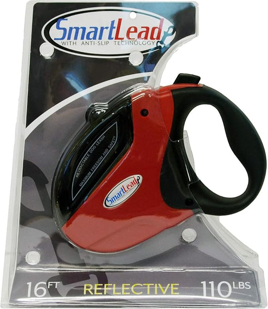 SmartLead Retractable, Reflective, Heavy-Duty 16-Foot Nylon Dog Leash, Tangle Free, Anti-Slip Brake Technology, Easy Grip Handle, Good for Dogs up to 110 Pounds – Red