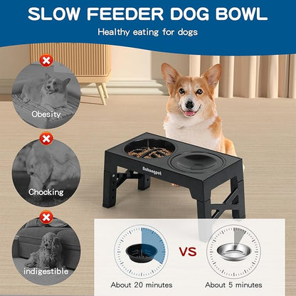 3-in-1 Elevated Slow Feeder Dog Bowls for Food and Water, 5 Heights Adjustable Raised Dog Bowls, Non-Slip, No Spill, for Small Medium Large Dogs and Cats(Black)