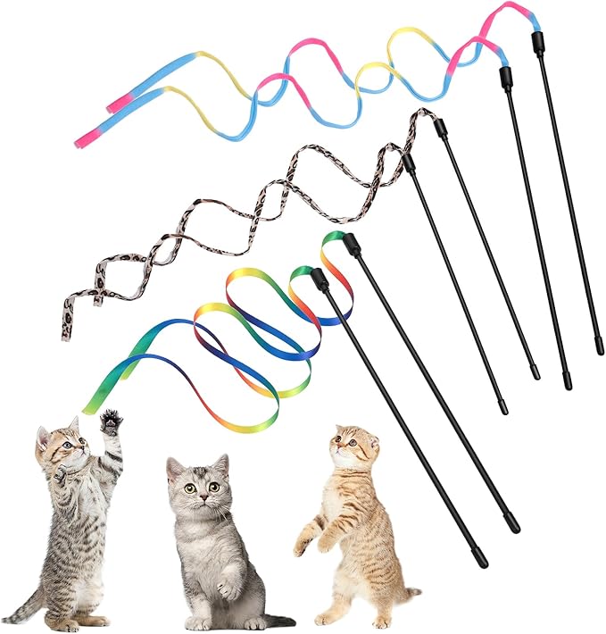 Cat Wand Toy Set, Interactive Cat Wand Toys with Rainbow and Leopard Print Cloth Strings for Small Cats and Kittens - Indoor Training Catcher (6 Packs)