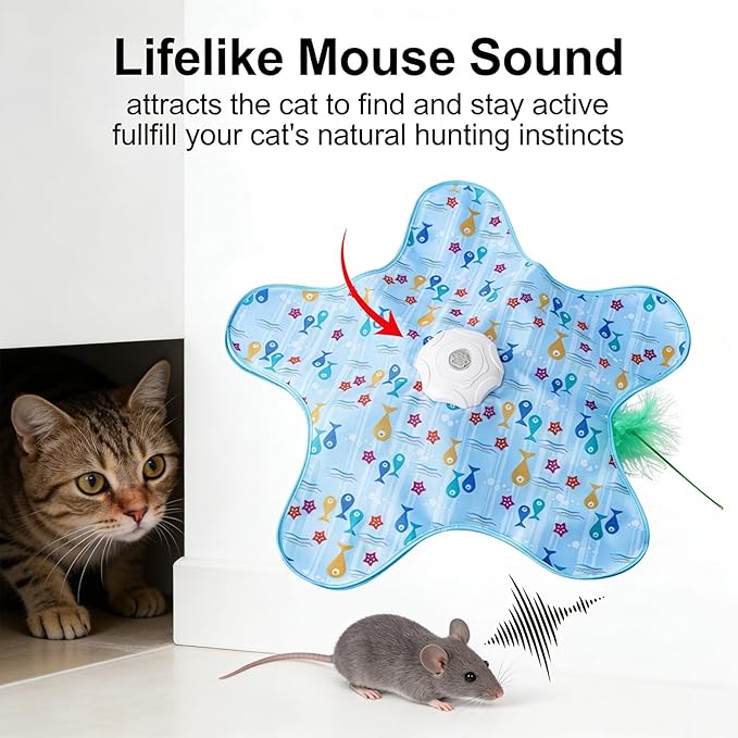 Interactive Cat Toys Rechargeable,Moving Concealed Feathers,Real Mouse Squeaky,Touch Activated Cat Kitten Toy Exercise Toys for Indoor Bored Adult Cats